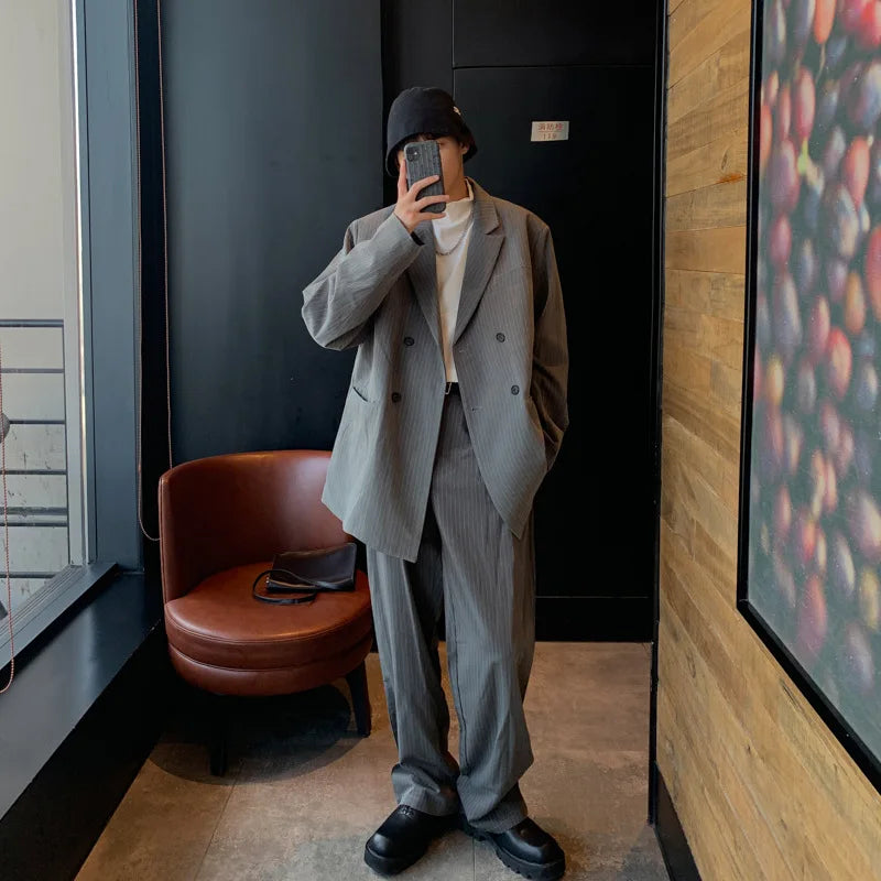 Spring Summer New Fashion Men's Korean Striped 2-piece Set Suits Blazers Pants Casual Trendy Straight Business Suit Male Sets