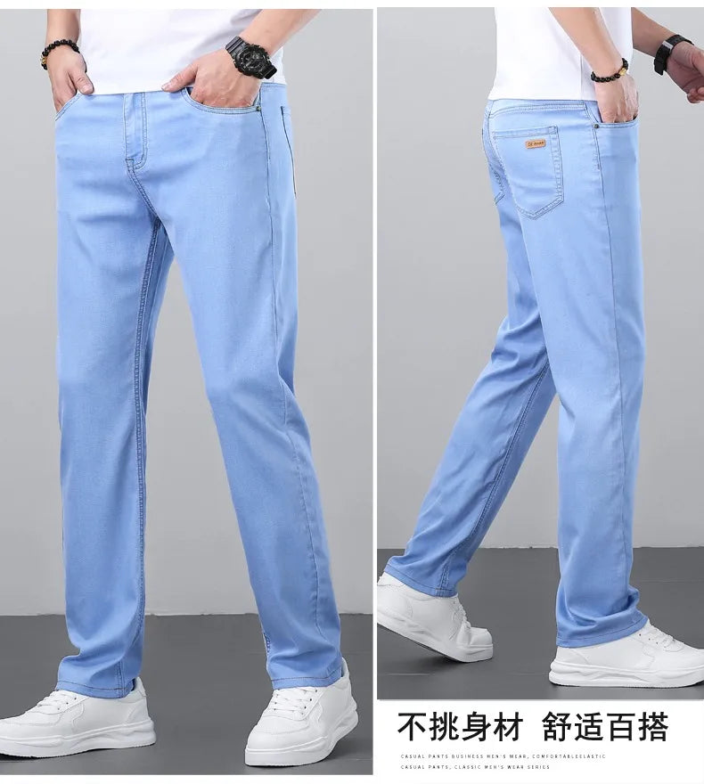 2026 Spring Summer 70% Lyocell Jeans Regular Fit Straight Ice Silk Style Business Casual Light Blue Stretch Cotton Denim