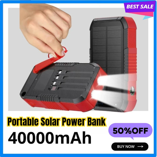 40000mAh Portable Solar Power Bank with Hand Crank Battery Charger Built in Cable Powerbank for iPhone 15 Xiaomi Samsung Huawei