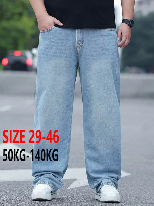 FENROOST Plus Size Men's High Waist Straight Leg Jeans Four Seasons Loose Baggy Denim Trousers Casual Versatile Long Pants New