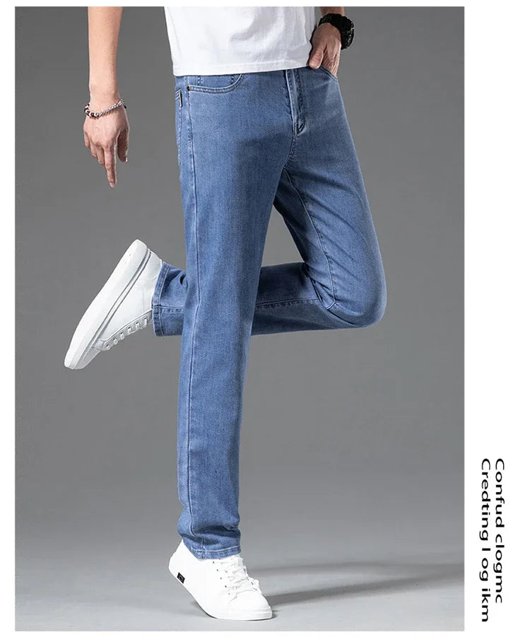 2026 Stretch Men's Fitted Straight Jeans Korean Youthful Vitality Spring Summer Thin Breathable Cotton  Lightweight Trousers