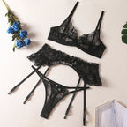 Krasapt Black Bow Embroidery See-Through Woman Lingerie 3Pcs Sexy Romantic Female Bra And Panty Garters Sets Exotic Onlyfans Kit