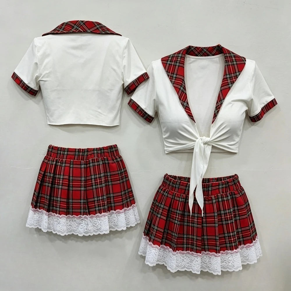 Schoolgirl Cosplay Lingerie Set, Red Plaid Tie Front Crop Top Lace Trim Mini Skirt Outfit