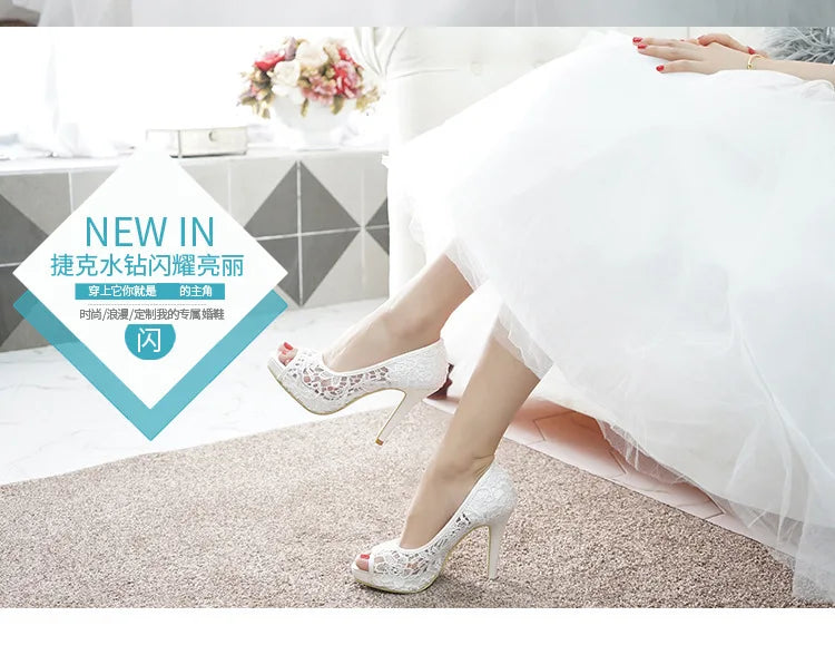 2025 New White Lace Wedding Shoes Fish Mouth High Heels Banquet Single Shoes Women
