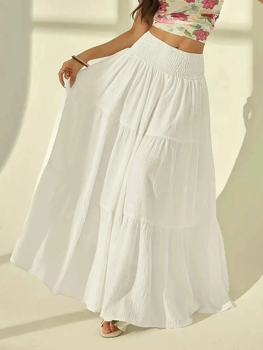Summer Women White Tiered Maxi Skirt, High Waisted Elastic Waist Pleated Flowy Long Skirt