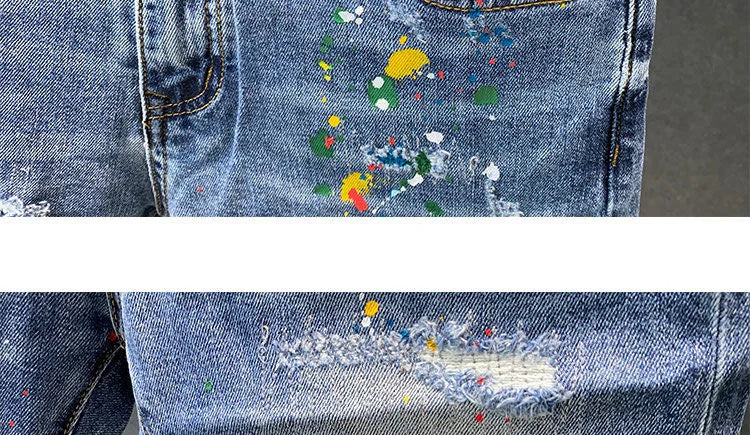 2025 Summer New Fashion Trend Printed Ripped Straight Stretch Jeans Men's Casual Loose Sports High Quality Denim Shorts 28-36