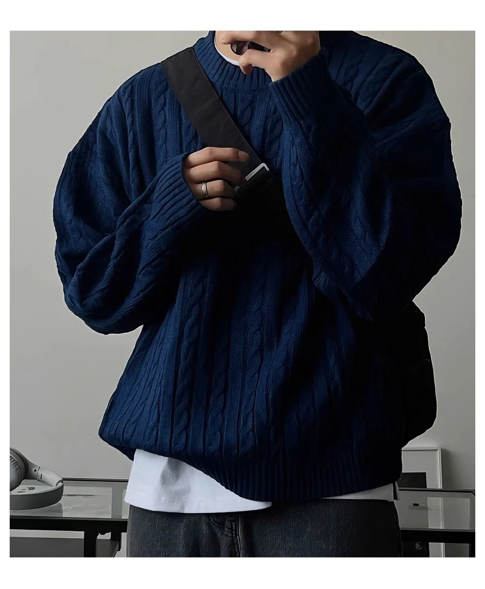 Men's Knitting Sweater 2026 Spring Autumn 0-neck Long Sleeve Knit Sweater Dark Blue Hemp Pattern Drop Shoulder Thicken Pullover