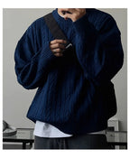 Men's Knitting Sweater 2026 Spring Autumn 0-neck Long Sleeve Knit Sweater Dark Blue Hemp Pattern Drop Shoulder Thicken Pullover