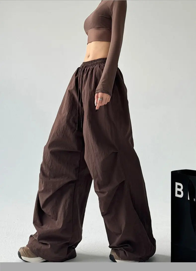 Y2k Hiking Straight Wide Pants Men Streetwear Cargo Paratrooper Pants Casual Brown Quick Dry Pocket Summer Travel Sport Trousers