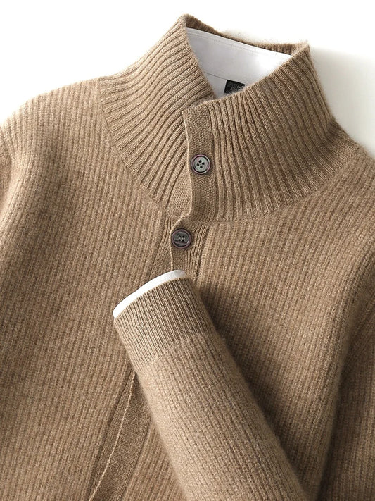 Luxury 100% Cashmere Cardigan for Men Mock Collar Thickening Sweater Autumn Winter Knitted Coat Soft Clothing Smart Casual Top