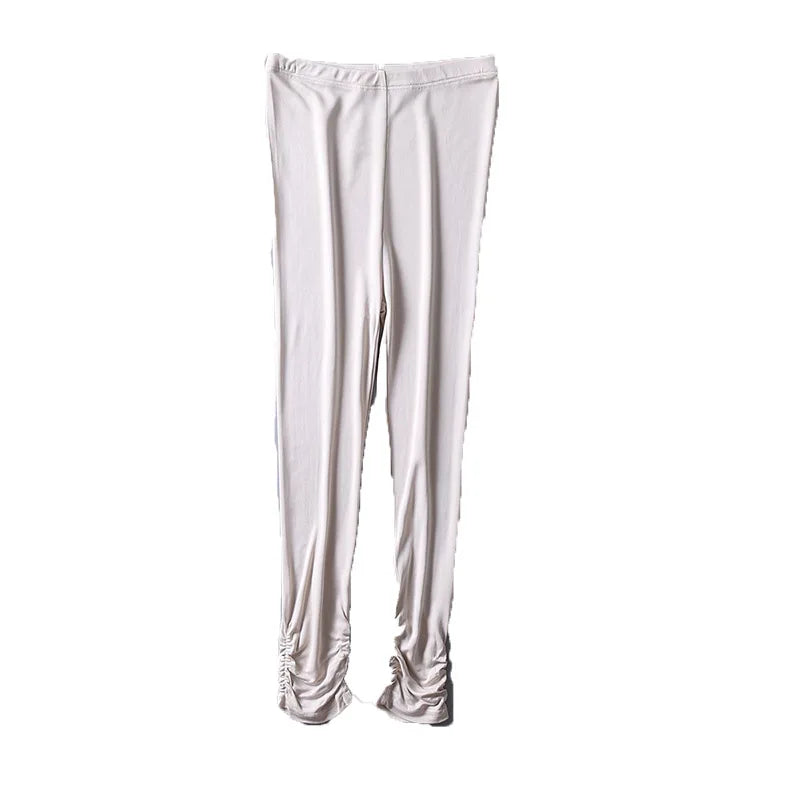 Birdtree Women Leggings Knitted Natural Silk 3/4 Length Slim Pants Anti Emptied Bottoms Black Khaki Summer 2023 New B37129QC