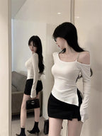 Pure And Elegant Irregular-necked Off-the-shoulder Tight T-shirt For Women