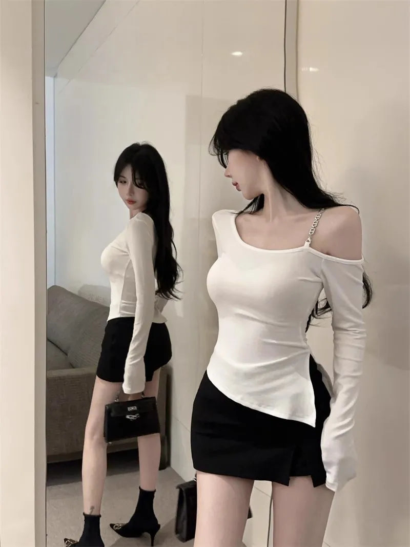 Pure And Elegant Irregular-necked Off-the-shoulder Tight T-shirt For Women