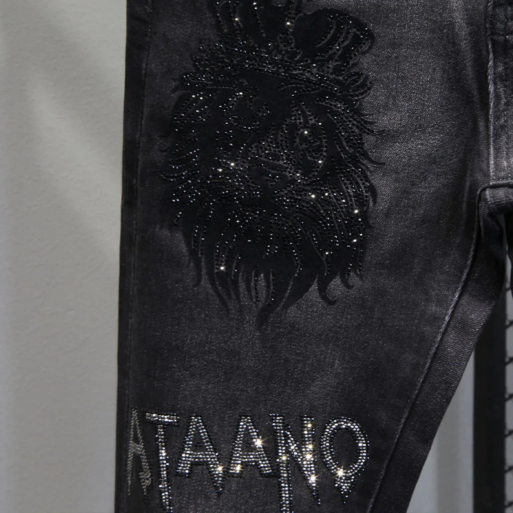 Hot-Stamped Rhinestone Men's Jeans, Trendy Brand, Stretchy Slim Fit, Embroidered and Printed Men's Trousers