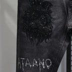 Hot-Stamped Rhinestone Men's Jeans, Trendy Brand, Stretchy Slim Fit, Embroidered and Printed Men's Trousers