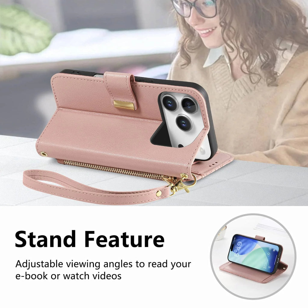 Compatible with iPhone 17/16e/15/14/13/12 Pro Max 16 Plus Lanyard Zipper Wallet Case Dual Card Holder Flip Stand Magnetic Buckle