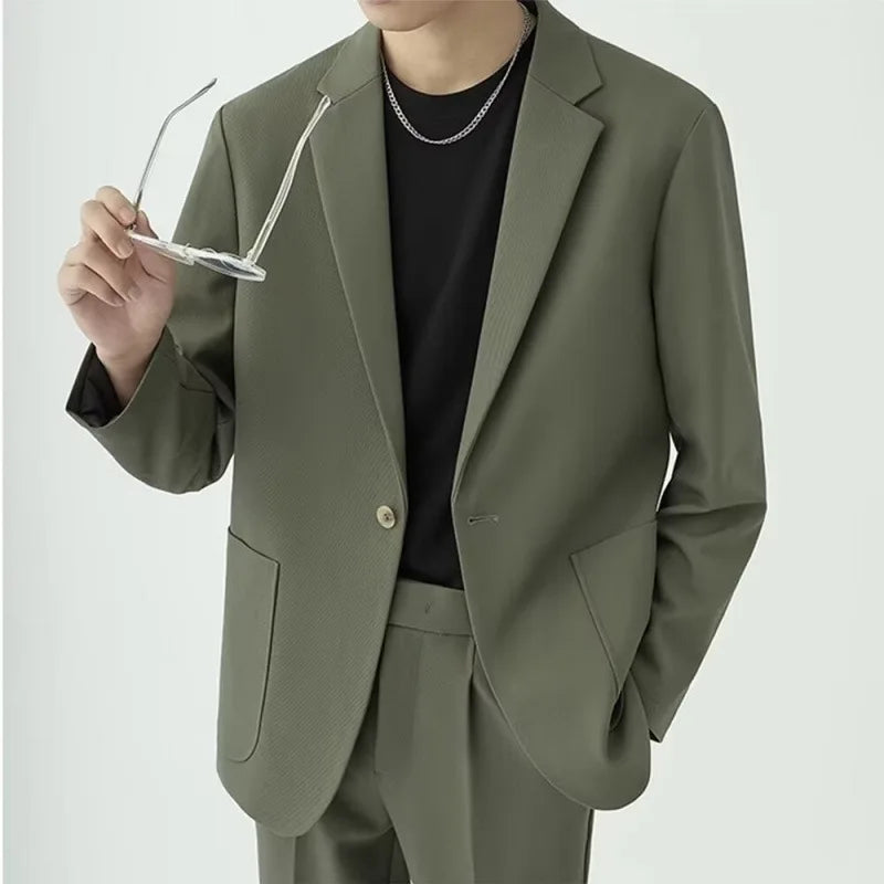 KIDWHXR Men 2-piece Outfit Loose Single-breasted Blazer Male Straight-leg Pant Man Korean Simple Solid Business Casual Suit Set