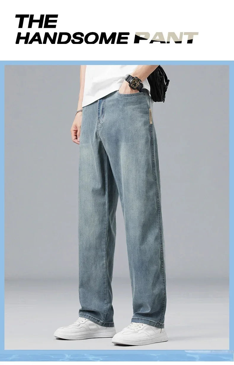 2026 New Summer Ultra-thin Lyocell Men's Jeans Drape Soft Fabric Loose Straight Casual Denim Pant Elastic Ice Silk Male Trousers