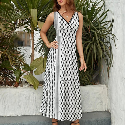 Palestinian Hatta Kufiya Folk Pattern #2-Black, Palestine Arabic Traditional Keffiyeh Design Sleeveless Dress womens clothing