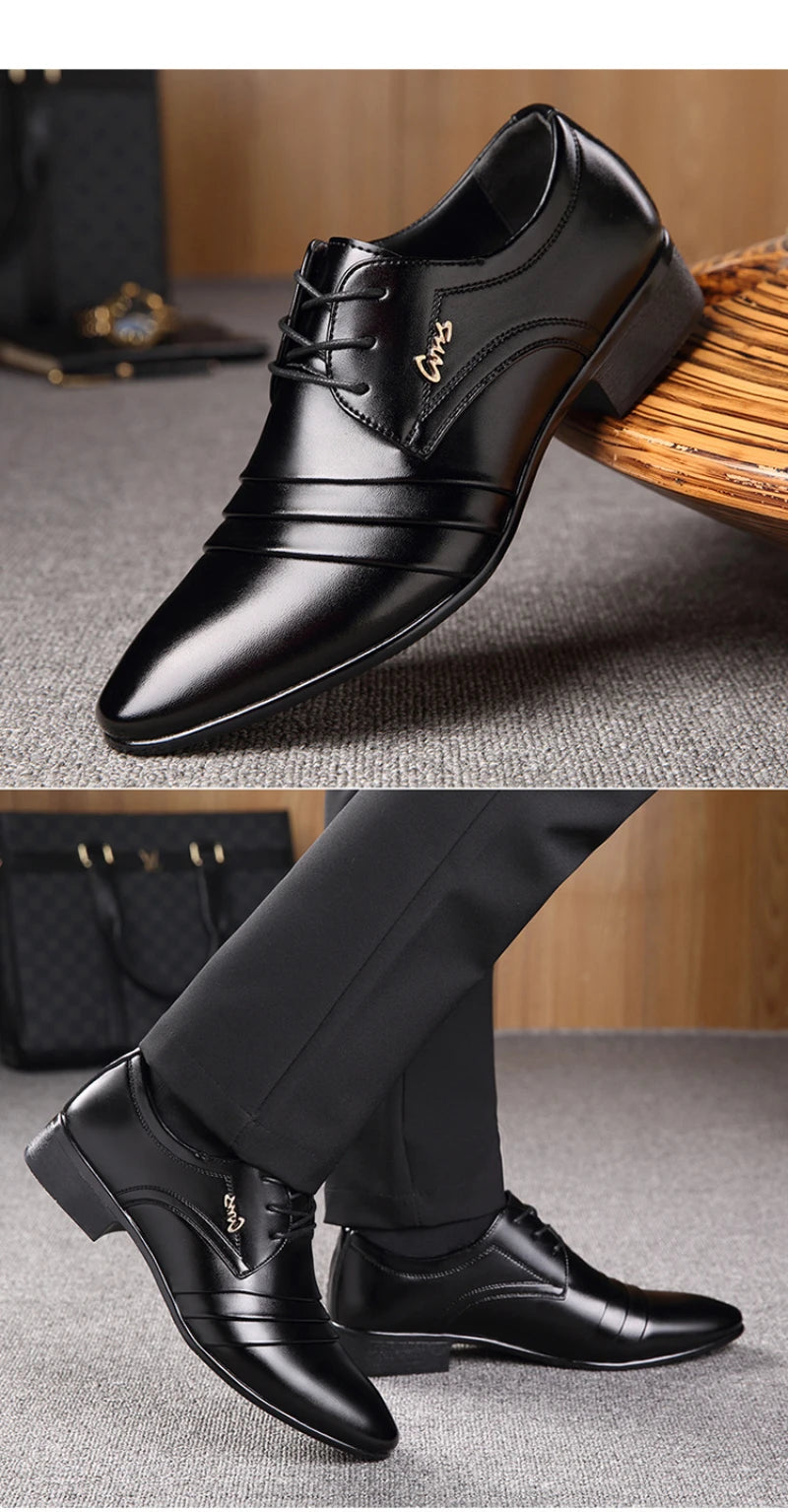 Mens Black Genuine Leather Cap Toe Lace Up Formal Business Office Groom Wedding Daily Wear Dress Shoes British Style Fashion