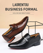 LAORENTOU true cowhide breathable perforated leather shoes with pointed tips, British business dress perforated leather sandals