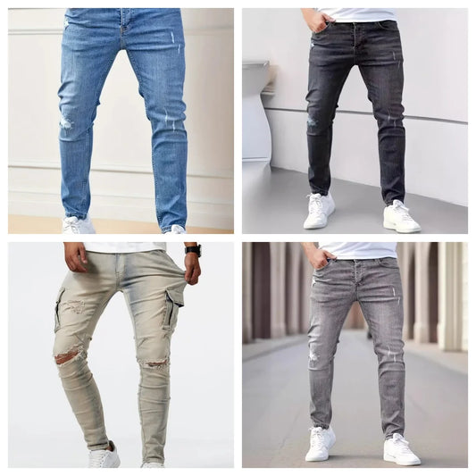 New men's jeans elastic slim fit pants street wear classic ripped cat whiskers casual jeans tight zipper denim clothing black bl