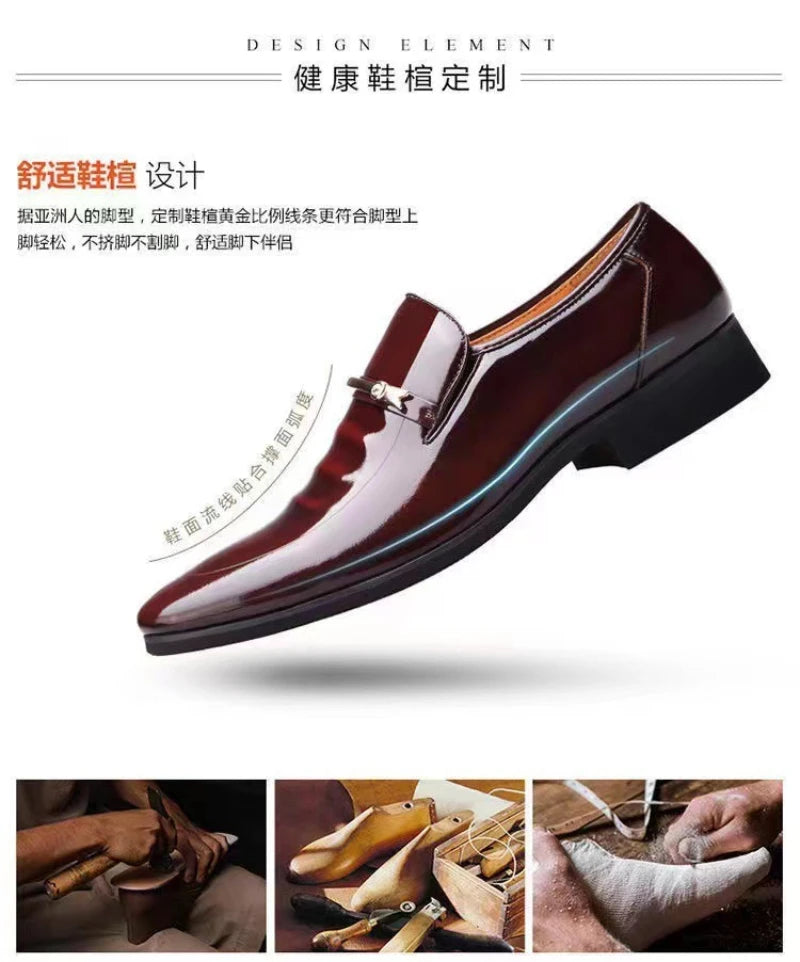 Mens Formal Wine Red Patent Leather Loafers Pointed Toe Slip On Shoes Hollow Out Non SlipBreathable Design Metal Buckle Decor