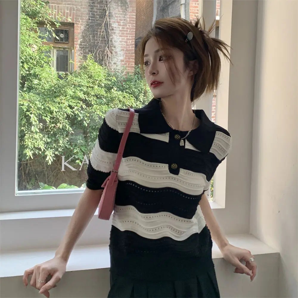 POLO Hollow Out Breathable Short Sleeve T Shirt Knit Striped Crop Top Aesthetic Clothing Summer Blouses For Women