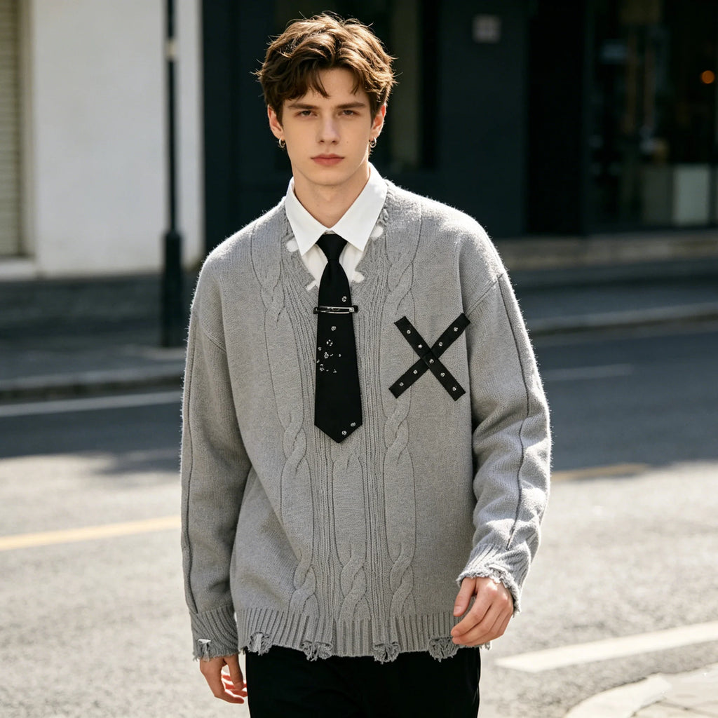 Harajuku False Two Shirt Sweaters Mens Necktie Damaged Ripped Dress Sweater Autumn Loose Casual Color Block Pullover Y2k