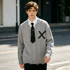 Harajuku False Two Shirt Sweaters Mens Necktie Damaged Ripped Dress Sweater Autumn Loose Casual Color Block Pullover Y2k