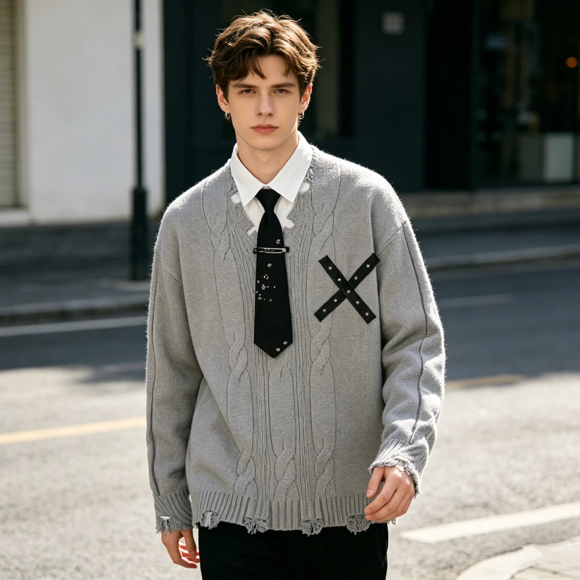 Harajuku False Two Shirt Sweaters Mens Necktie Damaged Ripped Dress Sweater Autumn Loose Casual Color Block Pullover Y2k