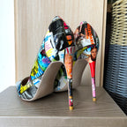 Veowalk Magazine Print Women Pointy Toe High Heel Shoes 80 100 120 Sexy Designer Stiletto Pumps for Party Big Size 43 44 45