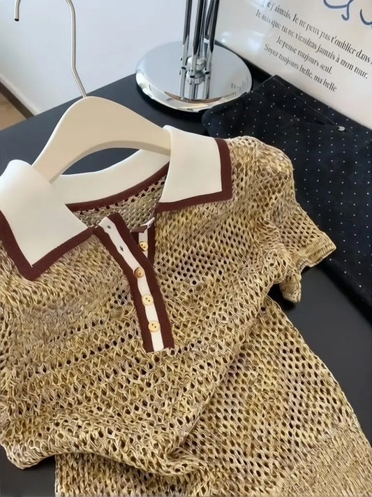 Vintage 2000s Shiny Knit Short Sleeve Tee Women Polo Neck Summer Tops Brown Hollow out Knitwear Lady Clothes Casual T-shirt