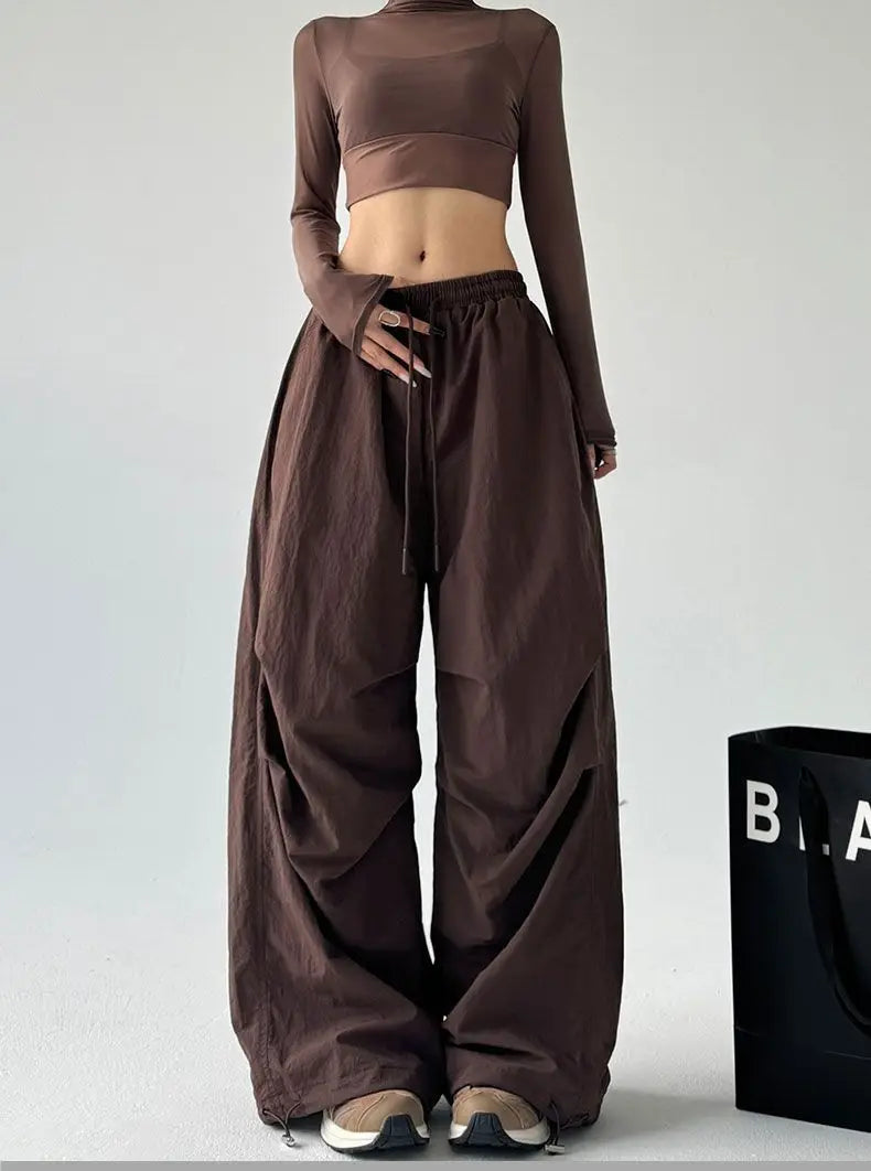 Y2k Hiking Straight Wide Pants Men Streetwear Cargo Paratrooper Pants Casual Brown Quick Dry Pocket Summer Travel Sport Trousers