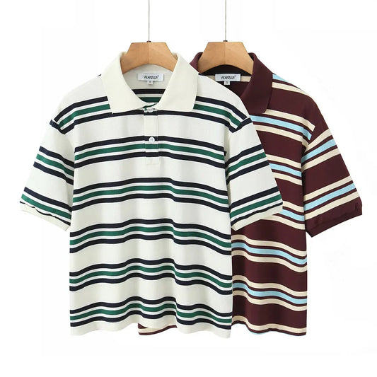 Summer Ladies Polo Shirts Woman Shorts Short Sleeve Brown Striped Vintage Clothes Polo Shirts Mujer Streetwear Crop Tops Casual