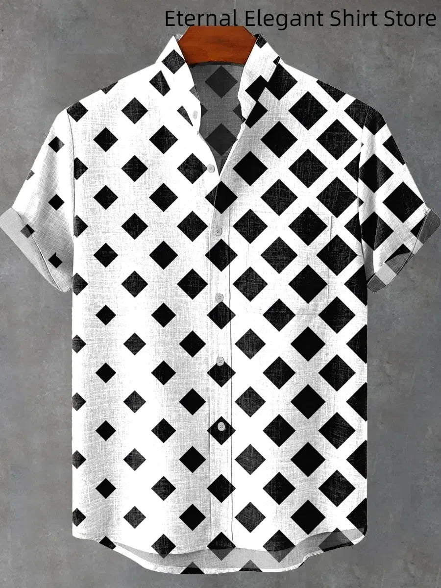 2025 Men's New Hot Selling Cool Checkered Pattern Printed Summer Comfortable Linen Short sleeved Shirt Men's Casual Button Top