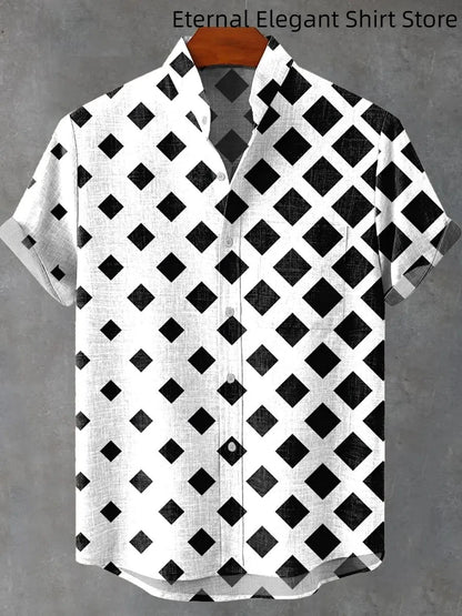 2025 Men's New Hot Selling Cool Checkered Pattern Printed Summer Comfortable Linen Short sleeved Shirt Men's Casual Button Top