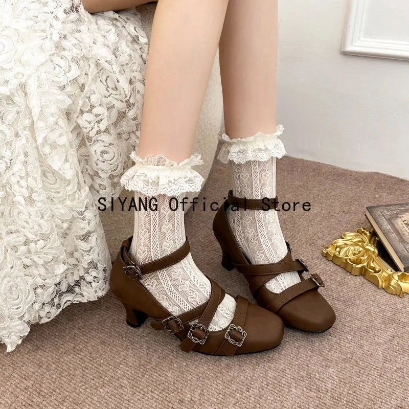 Sweet Lolita Cross Buckle Strap Women Mary Jane Shoes Fashion Multi Metal Buckle Shoes Retro Wedding Party Dress Ladies Pumps