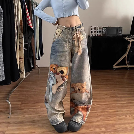 2026 New Spring Women's Colorful Digital Print Bear Jeans High Waist Loose Slim Fit Straight Wide Leg Casual Denim Pants
