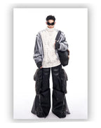 Mauroicardi Spring Autumn Cool Long Baggy Black Pu Leather Wide Leg Cargo Pants Men Luxury Mens Designer Clothes Streetwear 2025