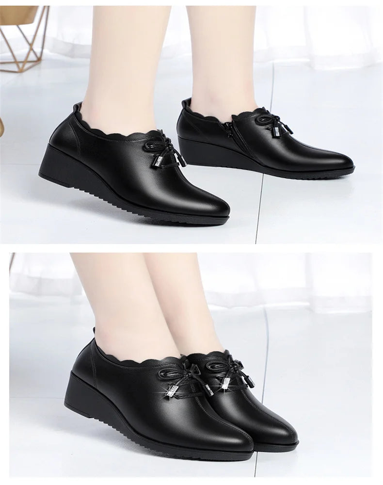 CINESSD 2023 New Fashion Lace Leather Platform Pumps Korean Style Casual Waterproof Pointed Toe Shoes for Women Spring Autumn