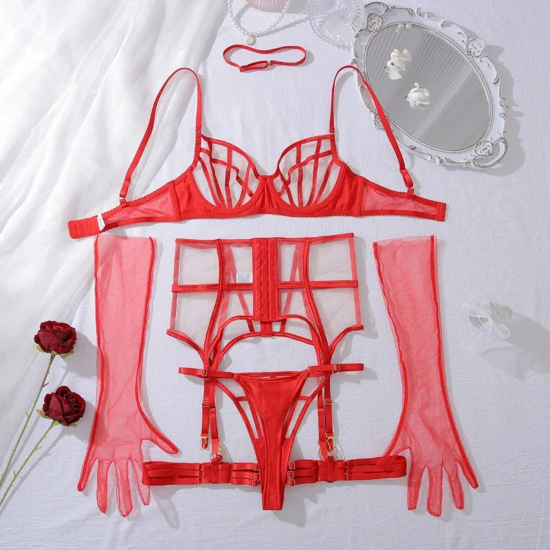 Tornova Sexy Lingerie Suit for Women Solid Color Mesh Patchwork See-through Women's Underwear Suit Sexy Gloves Garters Underwear