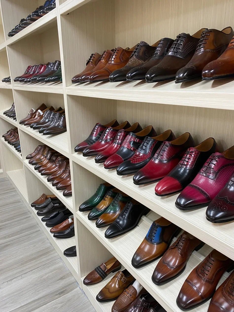 Men's Genuine Leather Oxfords Fashion Pointed Toe Wedding Party Dress Shoes Luxury Lace-Up Office Career Formal