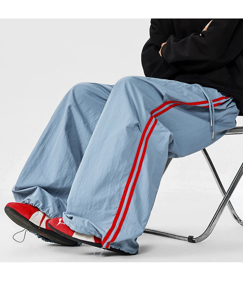 American Striped Quick - Drying Relaxed Pants for Men, Straight - Leg Wide - Leg Cargo Design Streetwear Couple's Work Trousers