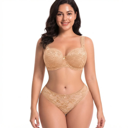 Women Plus Size Minimizer Lace Bra And Panty Set Underwire Full Coverage Big Cup D E F G H I J Smooth Back Fat Lingerie 2 Pieces