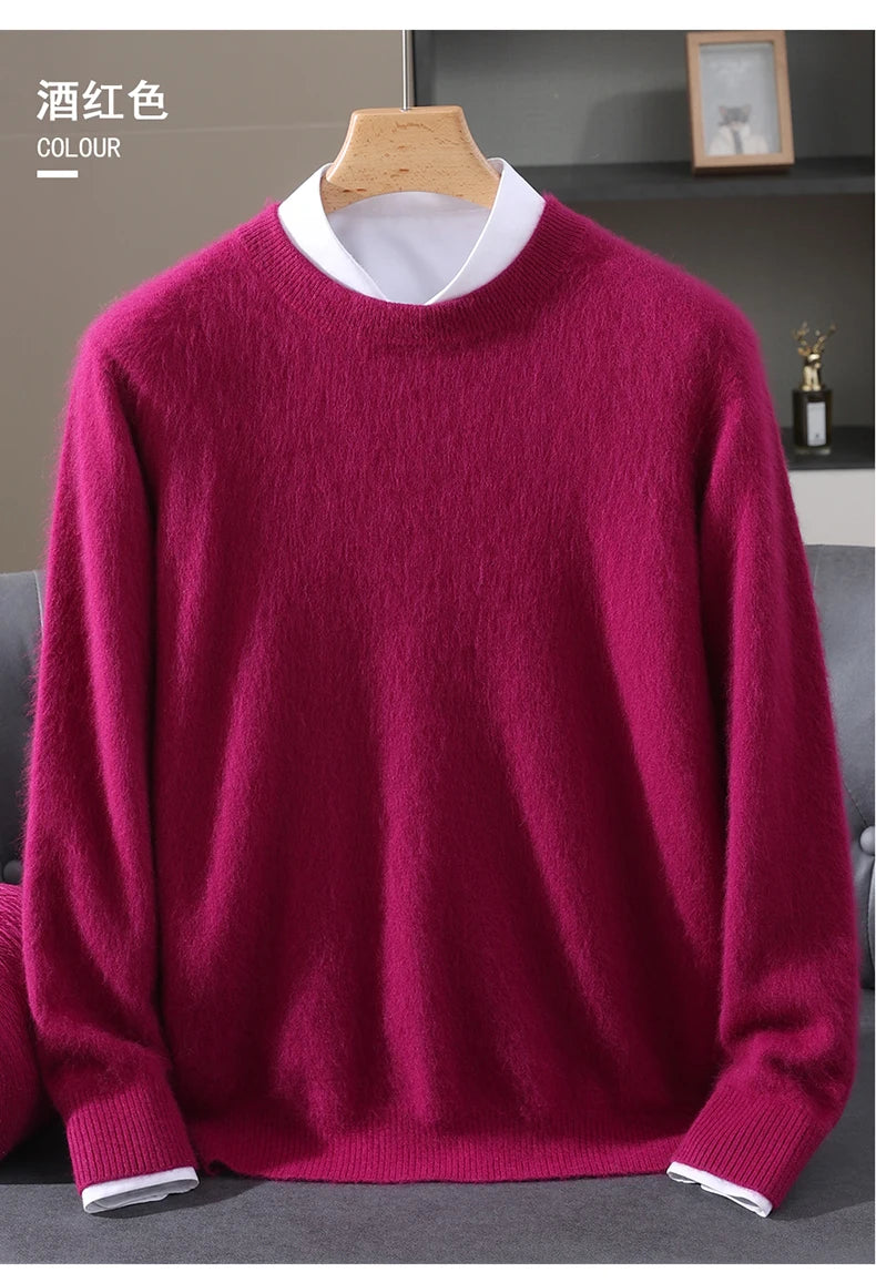 Autumn Winter 100% Mink Cashmere Sweater Men's Round Neck Pullover Loose Solid Color Plus Size Base Knit Business Casual Sweater