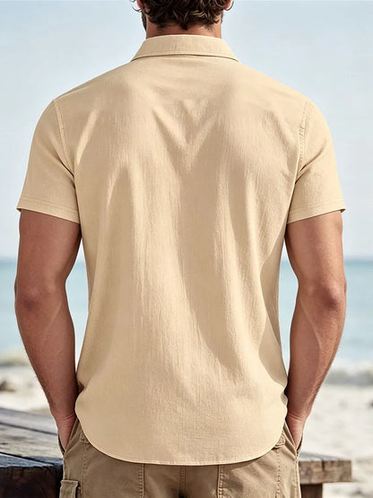 Men's Linen Blend Short Sleeve Button Down Shirt Casual Beach Top with Chest Pocket Breathable Lightweight Summer Shirts for Men