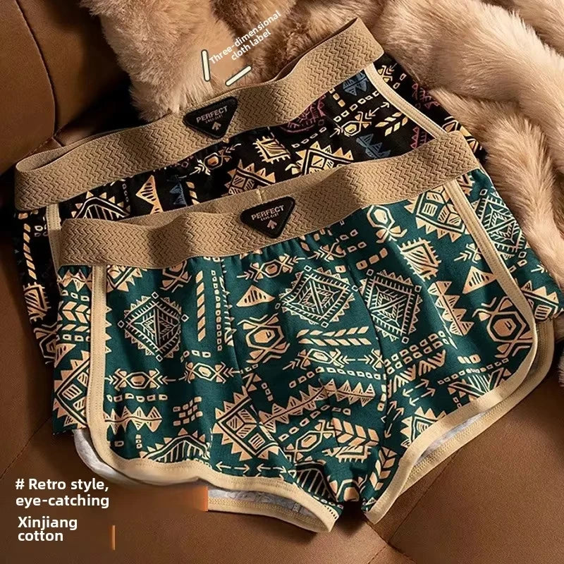 Retro Ethnic Style Men's Boxer Comfortable Briefs Design Vintage Print Elastic Underwear for Man Lingerie Mid Waist Underpants