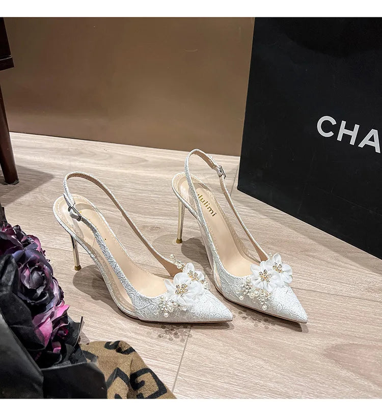 French Bride Gold Wedding Shoes spring women Thin Heel Pointed Shallow Mouth Flower Rhinodrill High Heels  Fashion Sandals
