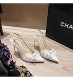 French Bride Gold Wedding Shoes spring women Thin Heel Pointed Shallow Mouth Flower Rhinodrill High Heels  Fashion Sandals